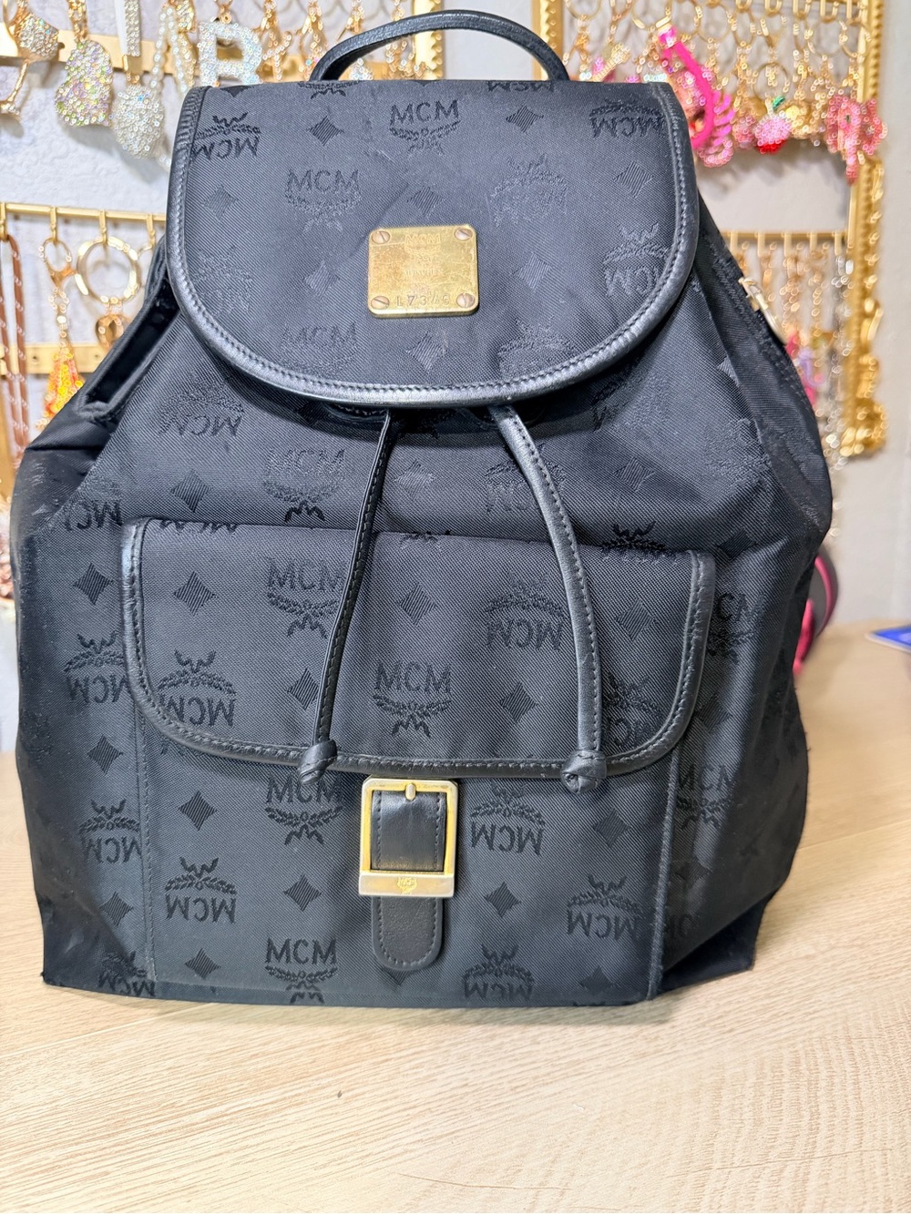MCM Black Logo Nylon Drawstring Backpack with Gold Hardware